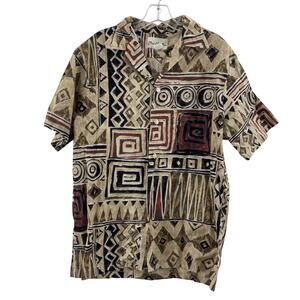 Chief Honolulu Geometric Aztec Brown/Black Hawaiian Men's Shirt L Preowned